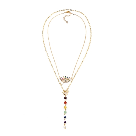 Chakra Jewelry, Pendant Necklace Sets, with Brass Cable Chains, Eye Brass Micro Pave Cubic Zirconia Pendant, Natural Gemstone Beads and 304 Stainless Steel Clasps