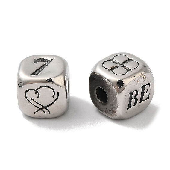 304 Stainless Steel Beads, Cube with Word Be & Heart