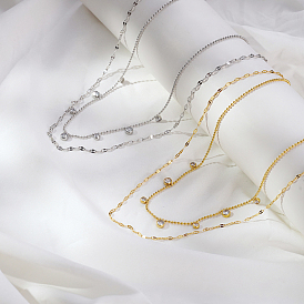 Легкие роскошные ожерелья из нержавеющей стали с прозрачными кубическими цирконами, плоскими круглыми кисточками, двухслойные, для женщин, для повседневной носки