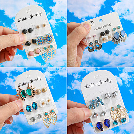 Bohemian Style Colorful Diamond Inlaid Pearl Leaf Earrings Set
