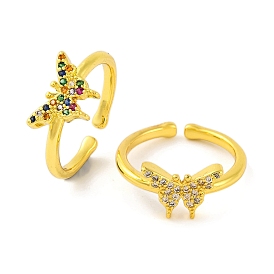 Butterfly Brass Micro Pave Cubic Zirconia Open Cuff Ring for Women, Real 18K Gold Plated