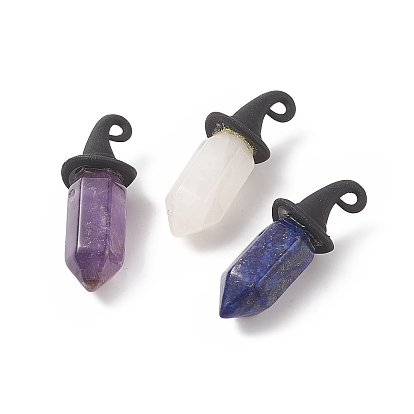 3Pcs Natural Mixed Gemstone Double Terminal Pointed Pendants, Faceted Bullet Charms, with Halloween Alloy 3D Magic Hat