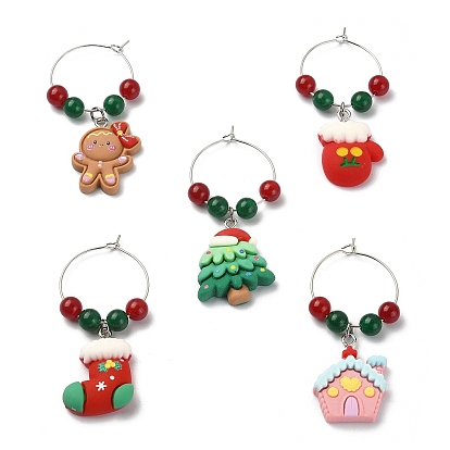 Christmas Resin Wine Glass Charms, with Brass Hoop Earring Findings and Natural & Dyed Malaysia Jade Beads, Gingerbread Man/Tree/House/Gloves/Christmas Socking