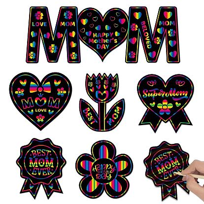 Scratch Rainbow Painting Art Paper, DIY Scratch Art Fridge Magnet for Mother's Day, with 12Pcs Paper Card, 12Pcs Magnet Sticker and 6Pcs Bamboo Sticks