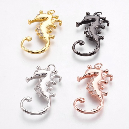 Brass Micro Pave Cubic Zirconia Pendants, Long-Lasting Plated, Sea Horse, Lead Free & Nickel Free & Cadmium Free, Clear