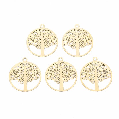 Rack Plating 201 Stainless Steel Filigree Pendants, Etched Metal Embellishments, Nickel Free, Flat Round with Tree of Life