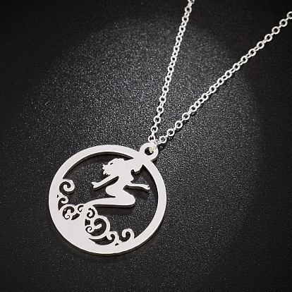 Cute Cartoon Mermaid Stainless Steel Pendant Necklace for Women, Simple Summer Wave Collarbone Chain