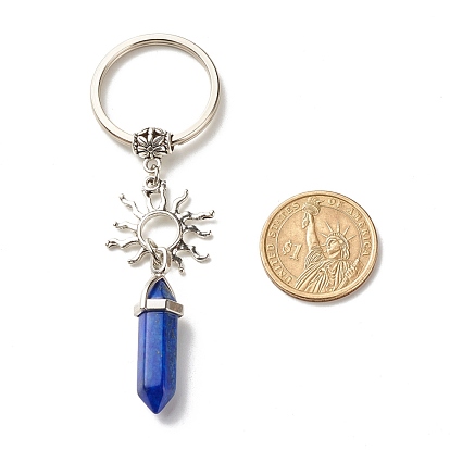 Natural Mixed Gemstone Keychain, with Tibetan Style Alloy Pendants, Charm Carrier Barrel Tube Bails and Iron Split Key Rings, Sun with Bullet