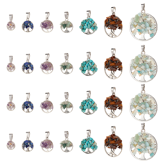 28 шт 7 стили смешанные подвески с драгоценными камнями, древо жизни прелести, со сплавочной фурнитурой антикварного серебра