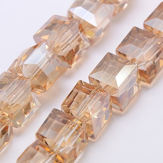 Perles de verre de cristal plaqué nacré brins, facette, cube, 10x10x10mm, Trou: 1mm, Environ 79 pcs/chapelet, 30.7 pouce