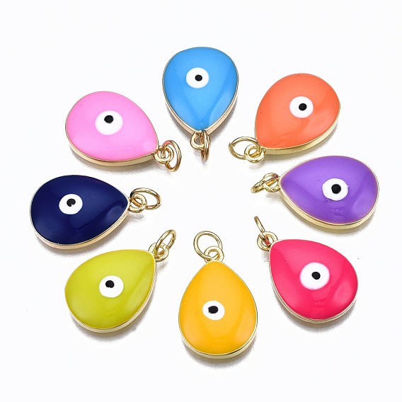 Messing Emaille-Anhänger, mit Sprungring, Cadmiumfrei und Nickel frei und Bleifrei, Träne mit bösem Blick, golden