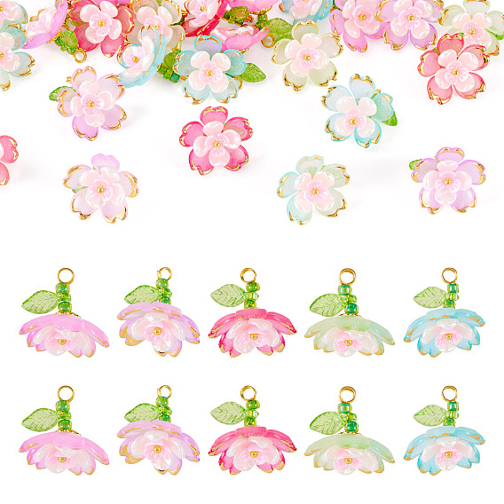 30шт 5 цветные подвески из прозрачного акрила, со стеклянными бисеринами, цветок, золотой металл обвитыми