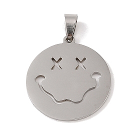 201 Stainless Steel Pendants, Flat Round with Smiling Face Charm