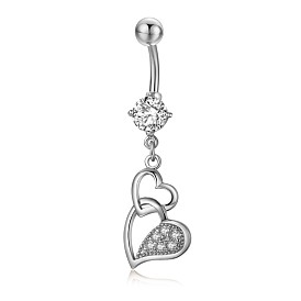 Piercing Jewelry, Brass Cubic Zirciona Navel Ring, Belly Rings, with 304 Stainless Steel Bar, Lead Free & Cadmium Free, Heart