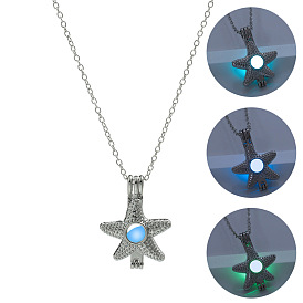 Alloy Star Cage Pendant Necklace with Luminous Beads, Glow In The Dark Jewelry for Women