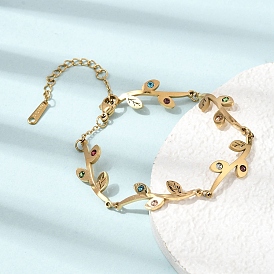 304 Stainless Steel Colorful Rhinestone Leaf Link Chain Bracelets, Ion Plating(IP)