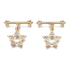 Brass Micro Pave Clear Cubic Zirconia Toggle Clasps, Nickel Free, Star