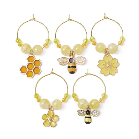 Bees & Honeycomb Alloy Enamel Wine Glass Charms, with Imitation Jade Glass Beads and Brass Rings