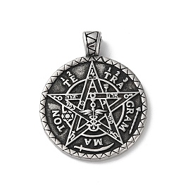 Wicca 304 Stainless Steel Pendants, Flat Round with Star Charm