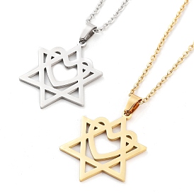 304 Stainless Steel Pendant Necklaces, Cable Chains, Star of David with Heart