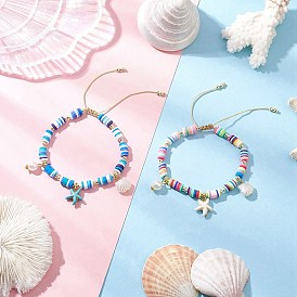 Браслеты с подвесками из синтетической бирюзы и искусственного жемчуга ABS, Браслеты из бисера ручной работы из полимерной глины heishi для женщин, форма раковины и морская звезда