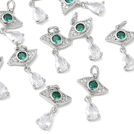 SHEGRACE Brass Cubic Zirconia Pendants, Eye with Teardrop Charms, Cadmium Free & Lead Free & Nickel Free, Lime Green