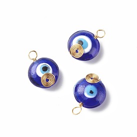 Handmade Lampwork Pendants, with Copper Wire Wrapped, Flat Round with Evil Eye