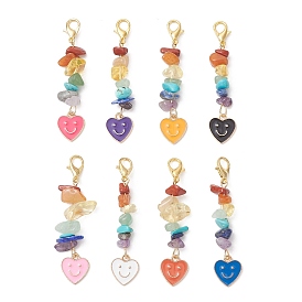 8 piezas 8 colores aleación esmalte corazón cara sonriente y chakra piedras preciosas naturales y sintéticas chips colgantes decoraciones, con aleación de zinc hebillas de pinza de langosta