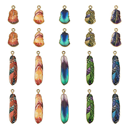 30шт 10 стили подвески из сплава с гальванопокрытием, напечатанный, без свинца, без кадмии и без никеля, подвески в виде листьев и перьев, золотой свет