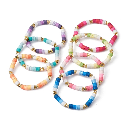 7Pcs 7 Color Polymer Clay Heishi Surfer Stretch Bracelets Set, Preppy Bracelets for Women