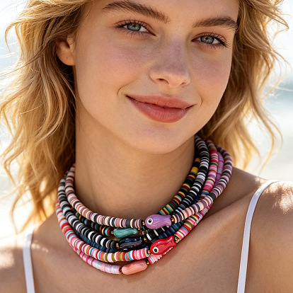 Collares de cuentas heishi de arcilla polimérica con forma de pez de porcelana hechos a mano de estilo bohemio para mujer., con cadenas finales de aleación, dorado