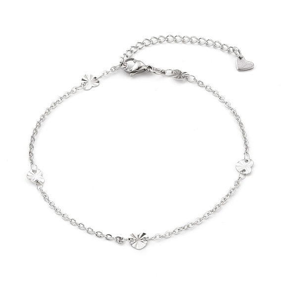 304 Stainless Steel Cable Chain Anklets, with Textured Heart Links and Lobster Claw Clasps