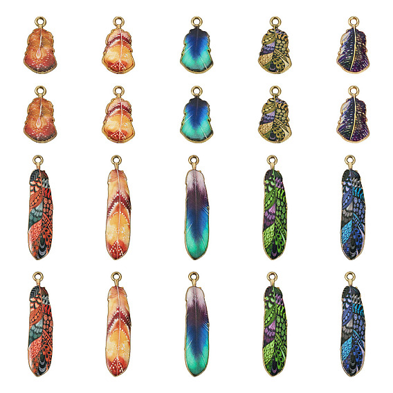 30шт 10 стили подвески из сплава с гальванопокрытием, напечатанный, без свинца, без кадмии и без никеля, подвески в виде листьев и перьев, золотой свет