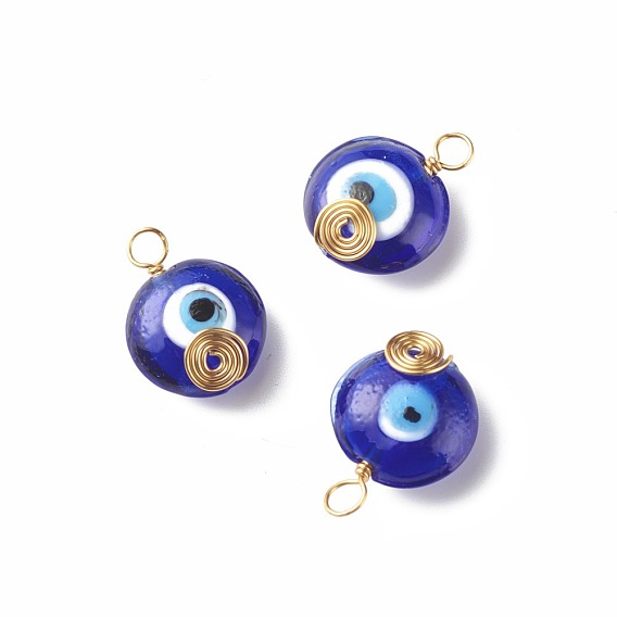 Handmade Lampwork Pendants, with Copper Wire Wrapped, Flat Round with Evil Eye