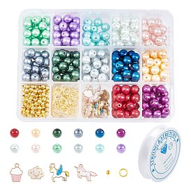 SUNNYCLUE DIY Stretch Bracelet Making Kits, with Glass Pearl Beads, Enamel Pendants, Iron Spacer Beads, Brass Jump Rings, Elastic Crystal Thread
