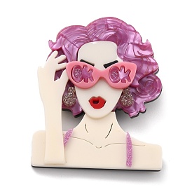 Girl with Glasses Brooch, Fashion Acrylic Safety Lapel Pin for Backpack Clothes