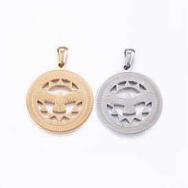Ion Plating(IP) 304 Stainless Steel Pendants, Flat Round with Eagle
