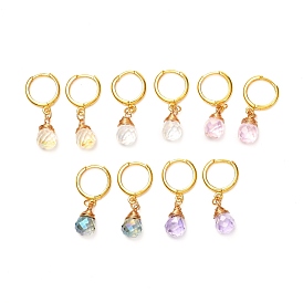 Transparent Glass Teardrop Faceted Beads Hoop Earrings, with Brass Findings