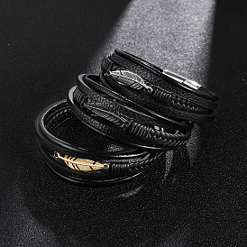 Leather Cord Multi-strand Bracelet with Stainless Steel Magnetic Clasps, Feather Shape Link Bracelet for Men Women