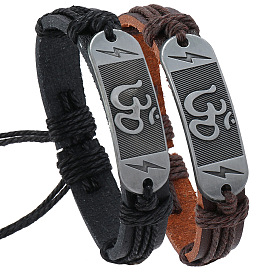 PU Leather Cord Adjustable Bracelets, Alloy Oval Link Bracelets for Men