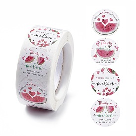 4 Patterns Paper Thank You Sticker Rolls, Round Dot Decals, for Envelope, Gift Bag, Card Sealing, Watermelon Pattern