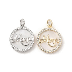 Brass Micro Pave Cubic Zirconia Pendants, with Natural White Shell and Jump Ring, Flat Round with Word Mom