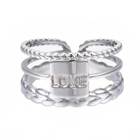 304 rectangle en acier inoxydable avec anneau de manchette ouvert mot amour, grosse bague creuse pour femme
