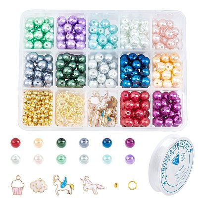 Kits de fabricación de pulseras elásticas de bricolaje, con cuentas de perlas de vidrio, colgantes del esmalte, hierro granos del espaciador, anillos de cobre amarillo del salto, Hilo de cristal elástico