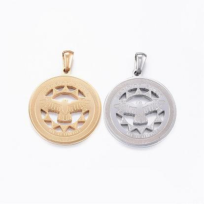 Ion Plating(IP) 304 Stainless Steel Pendants, Flat Round with Eagle