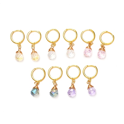 Transparent Glass Teardrop Faceted Beads Hoop Earrings, with Brass Findings