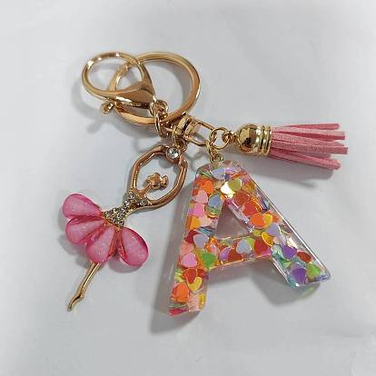 Porte-clés pendentif en résine pailletée transparente avec lettres A à Z, avec porte-clés fermoir pince de homard en alliage de fer, pour porte-clés, sac à main, ornement de sac à dos
