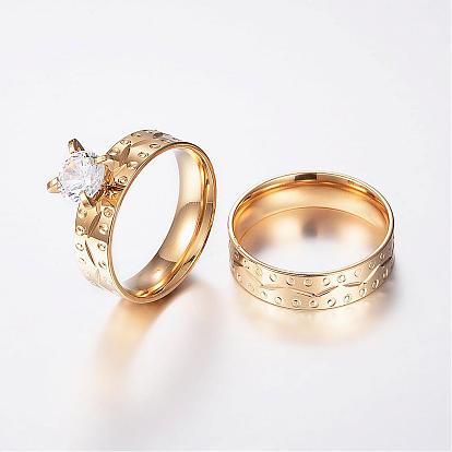304 Stainless Steel Couple Rings, with Cubic Zirconia