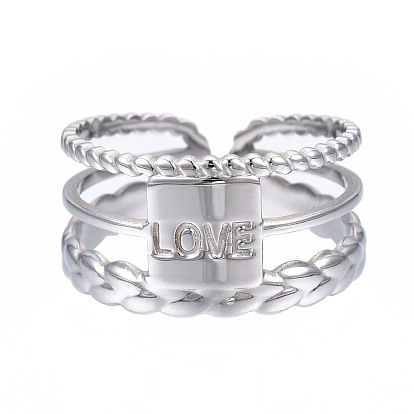 304 rectangle en acier inoxydable avec anneau de manchette ouvert mot amour, grosse bague creuse pour femme