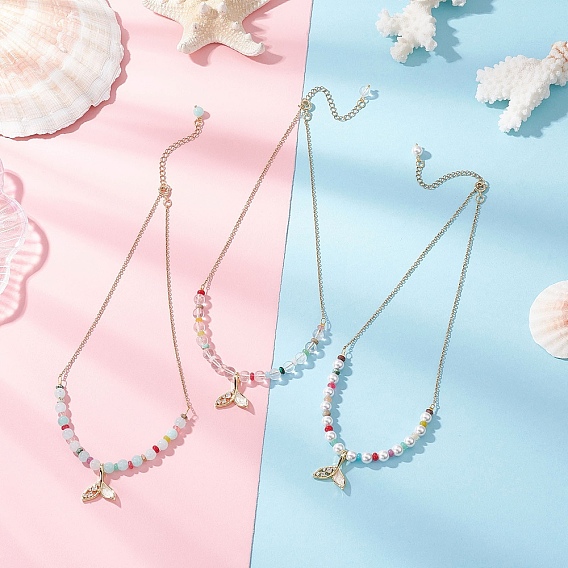 Ожерелья из круглых бусин из натурального кварца и ракушечного жемчуга, латунные микропаве прозрачные кубические цирконии эпоксидная смола ожерелья с подвеской в виде рыбьего хвоста, золотые